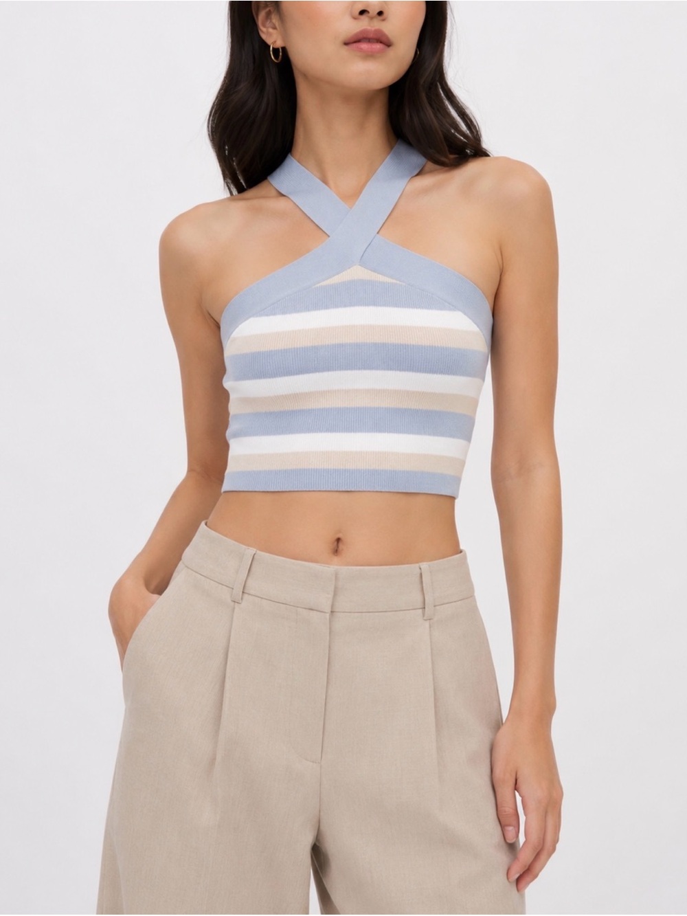 Aritzia Babaton Sculpt Knit Criss Cross Cropped Tank in Birch Cement Blue